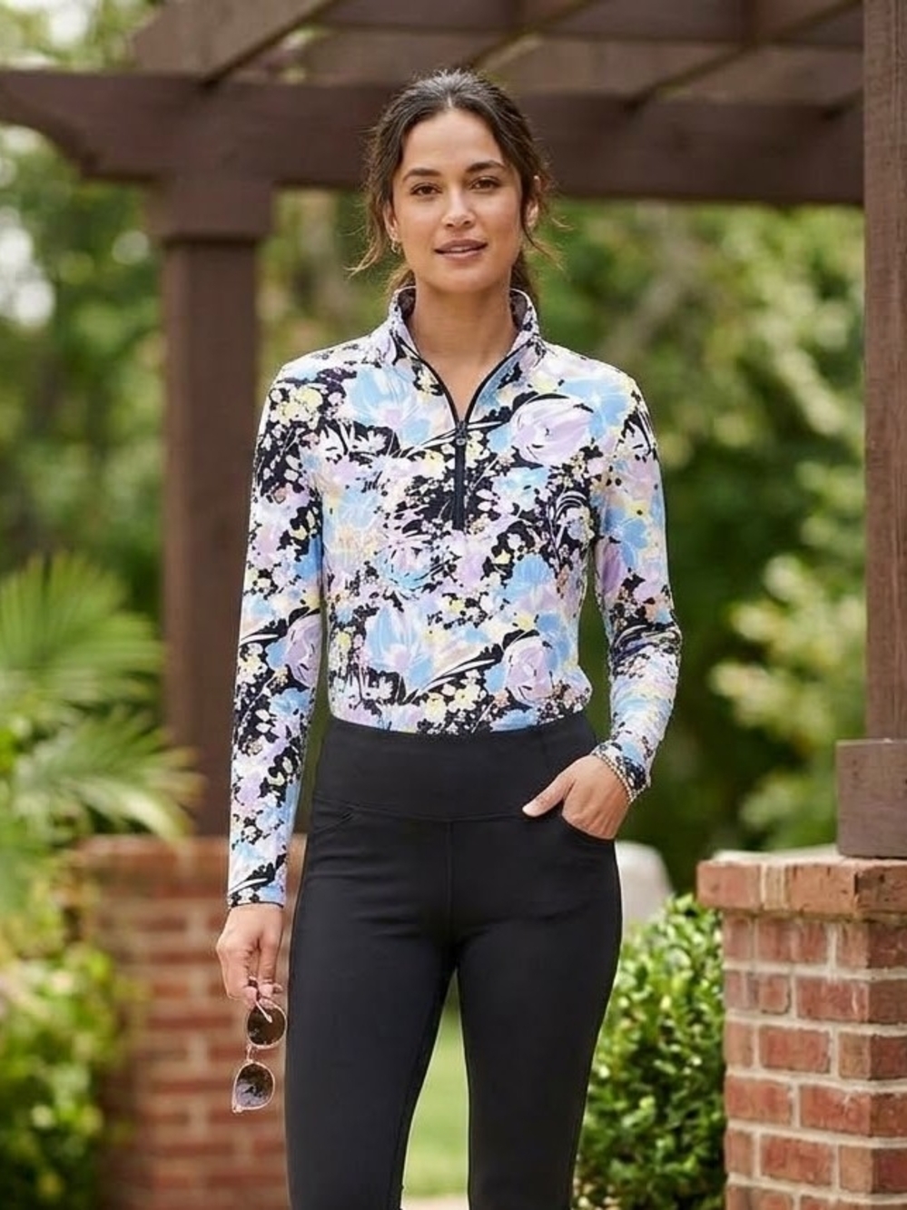 T By Talbots Pastel Floral Half-Zip Long Sleeve Top